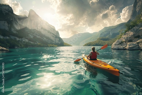 Girl in kayak sails mountain river. Whitewater kayaking, extreme sport rafting