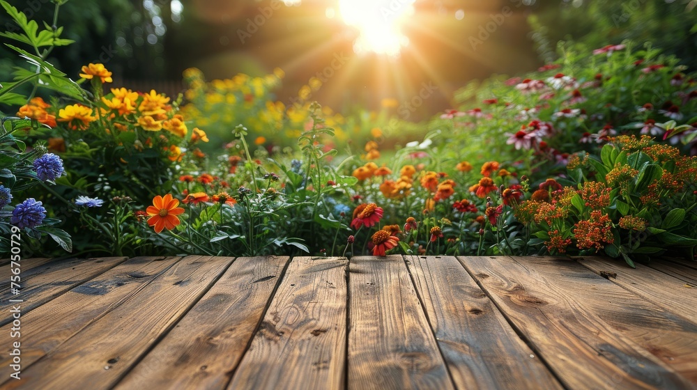 Wooden Table Surrounded by Flowers and Trees