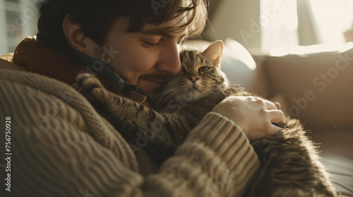 A man hug a cat in the living room