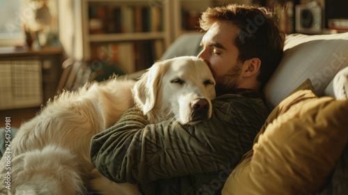 A man hug a white dog in the living room