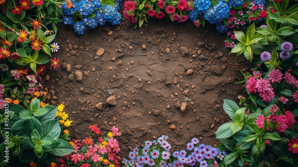 Garden Filled With Flowers and Dirt - obrazy, fototapety, plakaty 