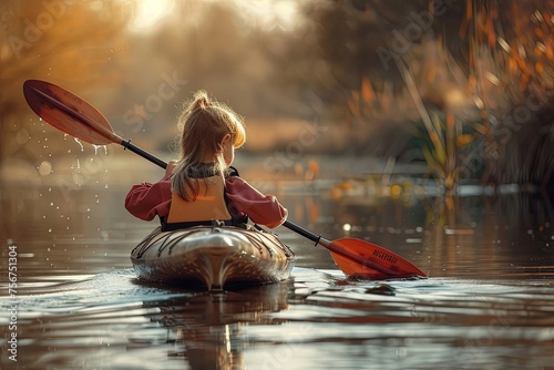 Child girl floats a kayak on the river in a life jacket