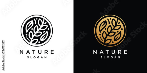 Gold leaf Logo Design Template. Line Art Vector leaf icon	
