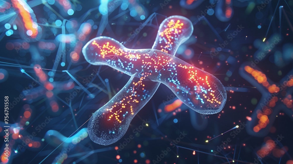 An intricate 3D illustration of an X chromosome against a futuristic medical science background An intricate 3D illustration of an X chromosome against a futuristic medical science background