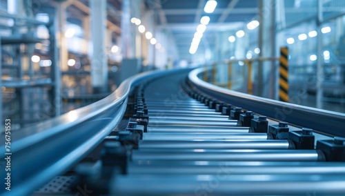 A photo of an industrial conveyor belt in motion, with a blurred background showing the interior and exterior production lines of a modern factory or warehouse Generative AI