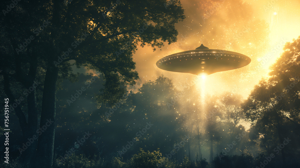 Mysterious UFO Encounter in Forest at Twilight Mysterious UFO Encounter in Forest at Twilight