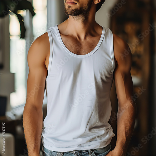 man with beard wearing white tank top