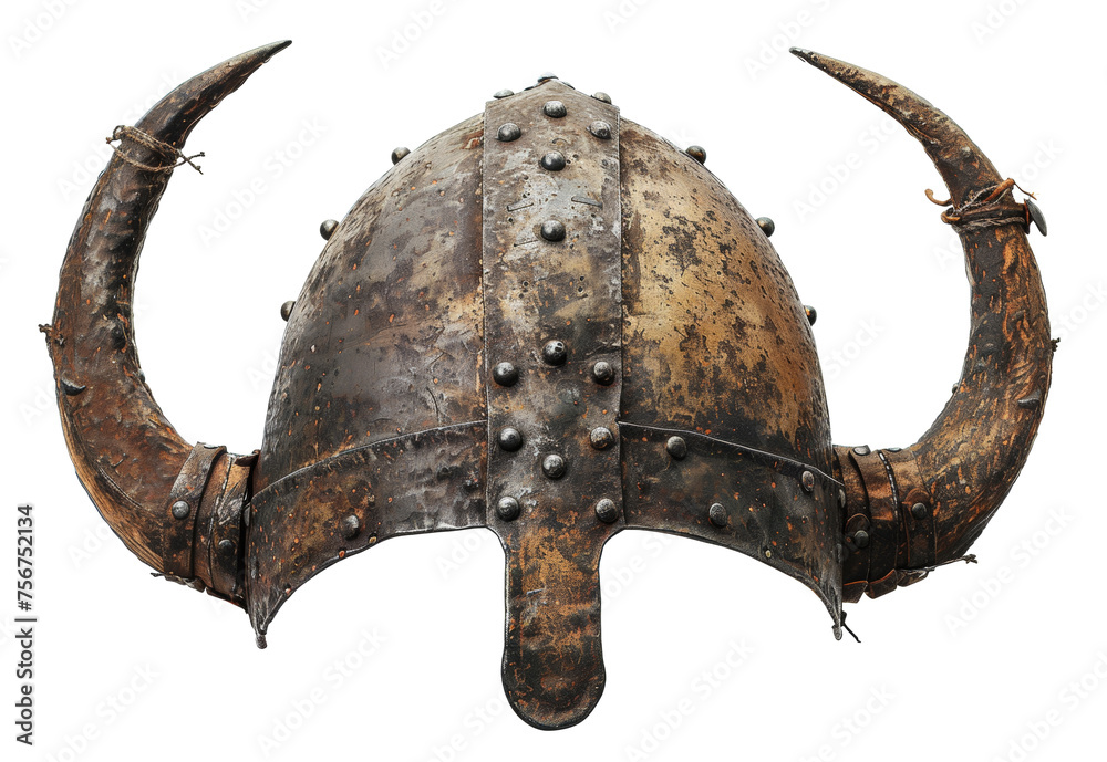 Ancient Norse Viking helmet with intricate metalwork and horns on transparent background - stock png. - obrazy, fototapety, plakaty 