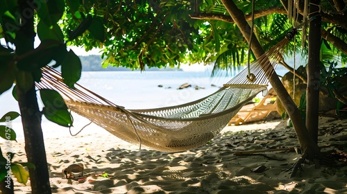 Traditional braided hammock in the shade on a tropical island  photo