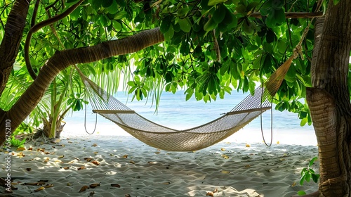 Traditional braided hammock in the shade on a tropical island  photo