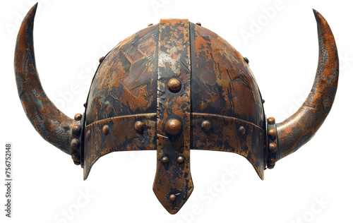 Ancient Norse Viking helmet with intricate metalwork and horns, cut out - stock png.