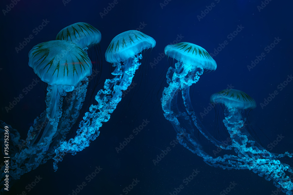 Obraz premium Group of Jellifish South american sea nettle, Chrysaora plocamia swimming in dark water of aquarium tank with blue neon light. Aquatic organism, animal, undersea life, biodiversity
