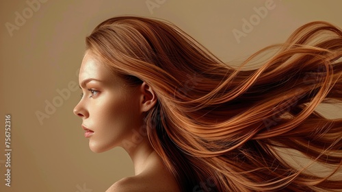 portrait of a woman with long hair, Portrait of a beautiful woman with a hair is a beautiful brown color, shampoo advertising concept, Hair conditioner and cosmetic products
