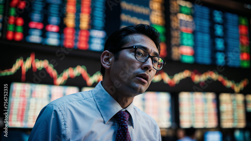 Concerned Trader at Stock Exchange Watching Market Fluctuations photo