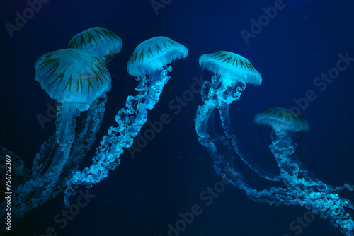 Group of Jellifish South american sea nettle, Chrysaora plocamia swimming in dark water of aquarium tank with blue neon light. Aquatic organism, animal, undersea life, biodiversity photo