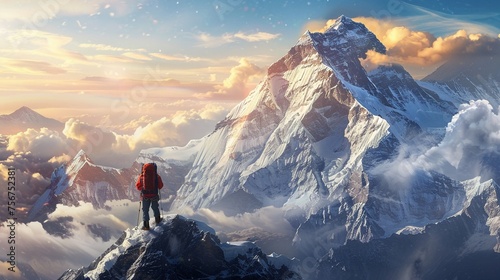 Create a dramatic image of a climber reaching the summit of Mount Everest photo