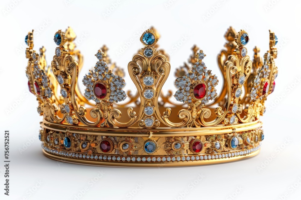 Exquisite Jeweled Gold Crown, Concept for Elegance, Royalty, Rulership, Wealth, Extravagance. Generative AI.
