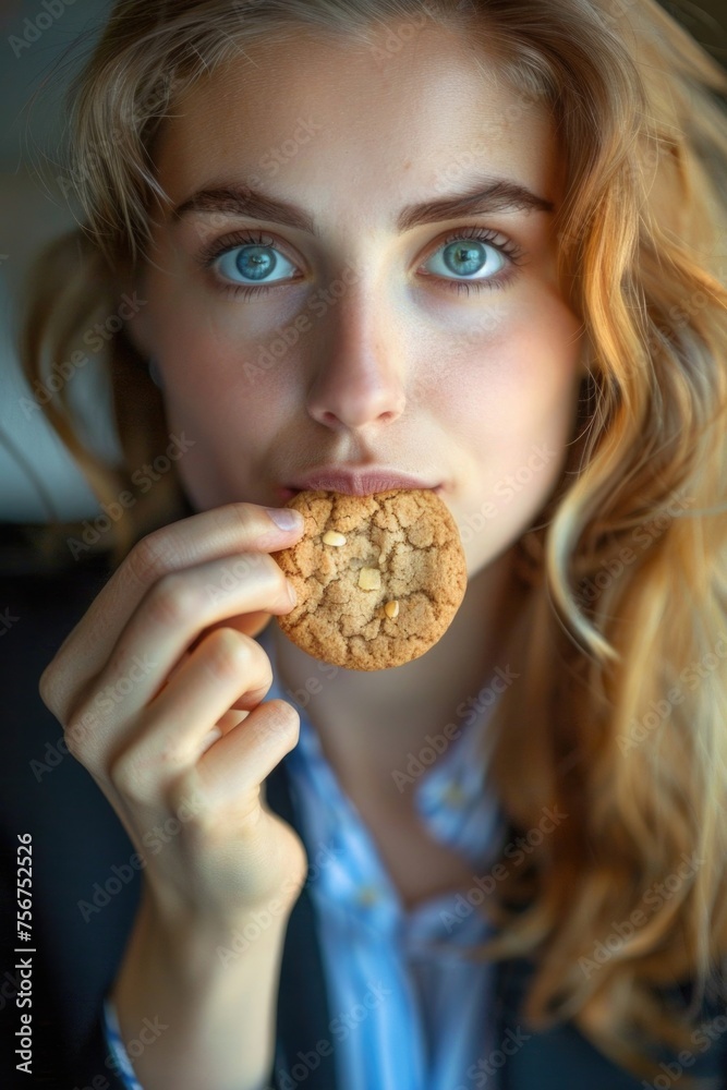 A woman is eating a cookie and looking at the camera. Ideal for food and lifestyle concepts A woman is eating a cookie and looking at the camera. Ideal for food and lifestyle concepts