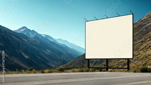Blank Mockup, empty template. Sturdy billboard mockup standing tall amidst majestic mountains, capturing the adventurous spirit.