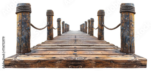 Wooden pier with rope railings on transparent background - stock png.