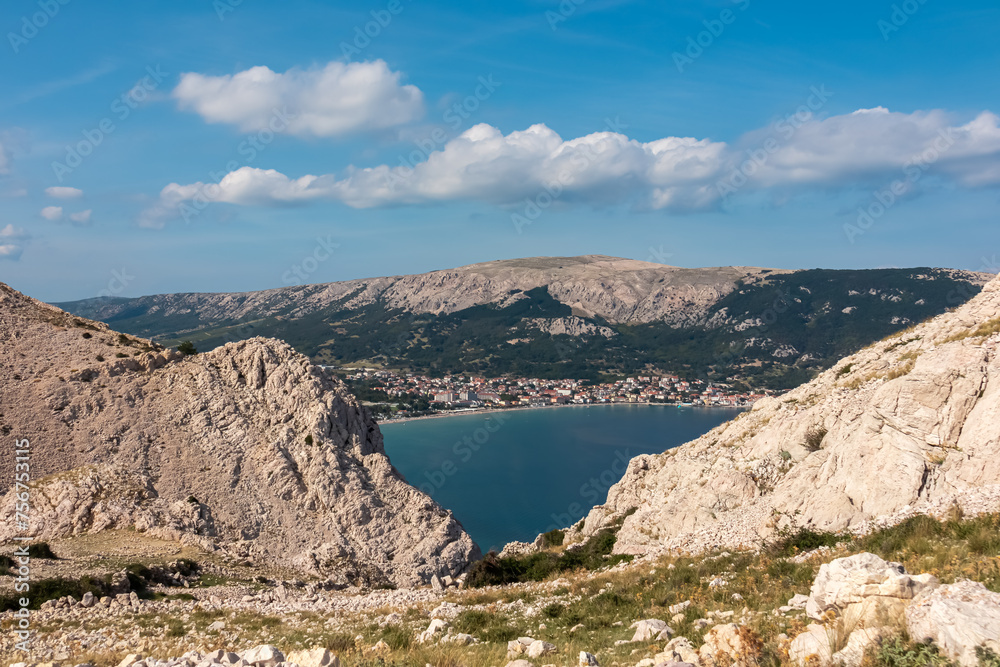 Scenic view of majestic coastline of Mediterranean Adriatic Sea near coastal town Baska, Krk Island, Primorje-Gorski Kotar, Croatia, Europe. Aerial vistas from idyllic coastal hiking trail in summer