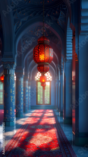 Modern Islamic holiday banner suitable for Ramadan, Raya Hari, Eid al-Adha and Mawlid. Lit lantern on a grey background with empty space. Product podium.