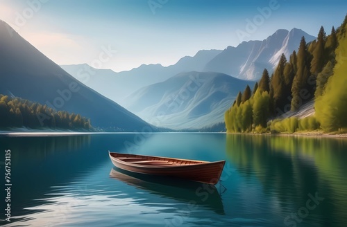 Wooden boat on a lake against a background of mountains and forest. Travel photos.
