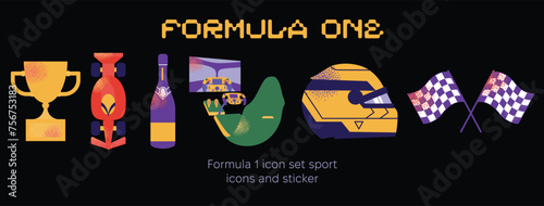 Formula 1 set. Tire, car, helmet, f1 simulator, wheel, lights out. Speed racing tournament. Formula One championship. Motorsport concept. Vector modern Illustration isolated on background