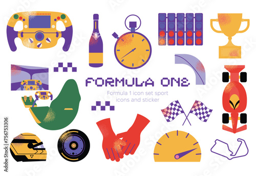 Formula 1 set. Tire, car, helmet, f1 simulator, wheel, lights out. Speed racing tournament. Formula One championship. Motorsport concept. Vector modern Illustration isolated on background