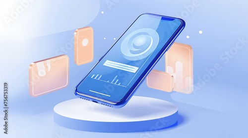 A mobile phone model floating in the air, with a transparent background and white base, in the isometric style, with a simple shape, high detail, hyper quality, high resolution,