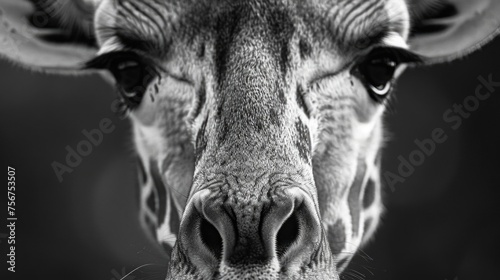 Detailed black and white close-up of a giraffe's face. Suitable for educational materials or nature-themed designs