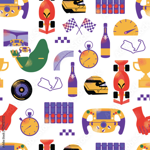 Formula 1 seamless pattern. Tire, car, helmet, f1 simulator, wheel, lights out. Speed racing tournament. Formula One championship. Motorsport concept. Vector modern Illustration isolated on background