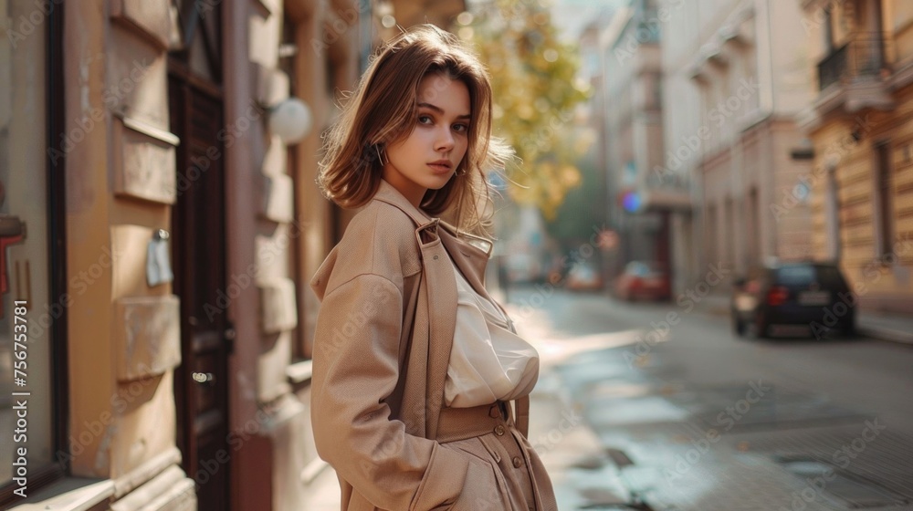 A woman in a trench coat standing on a city street. Suitable for urban fashion concept