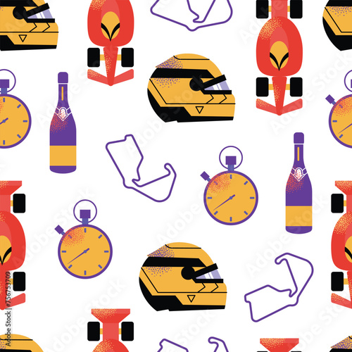 Formula 1 seamless pattern. Tire, car, helmet, f1 simulator, wheel, lights out. Speed racing tournament. Formula One championship. Motorsport concept. Vector modern Illustration isolated on background