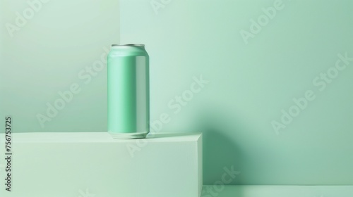 Product photography, can beverage in distance, right composition, high resolution, mint colour palette