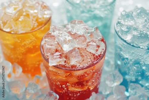Close up of three glasses of soda, perfect for food and beverage concepts