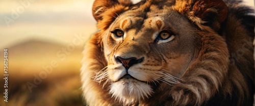 A close-up portrait of a Lion, captured with a shallow depth of field to emphasize its rugged, textured fur