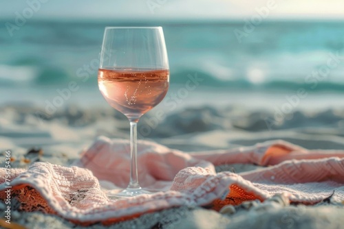 A glass of wine resting on a towel, perfect for summer relaxation