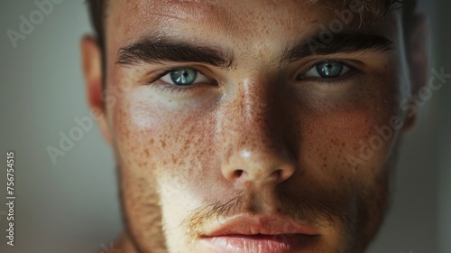 A close-up portrait of a man with freckles. Suitable for various commercial and editorial uses