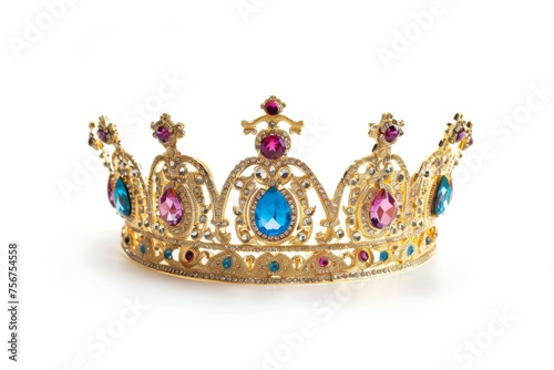 Exquisite Jeweled Gold Crown, Concept for Elegance, Royalty, Rulership, Wealth, Extravagance. Generative AI. 