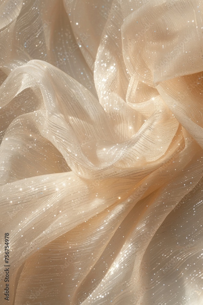 Elegant tulle fabric with delicate shimmering glitter, creating soft and ethereal texture. The neutral beige background reflects the light from above. This design symbolizes quiet luxury and romance. Elegant tulle fabric with delicate shimmering glitter, creating soft and ethereal texture. The neutral beige background reflects the light from above. This design symbolizes quiet luxury and romance.