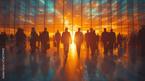 Corporate March: Group of Businessmen Silhouettes, Backlit Scene 
