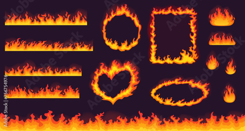 Cartoon fire seamless borders and frames in rectangle, circle, oval and heart shapes. Set of vector flame burning elements with heat wave