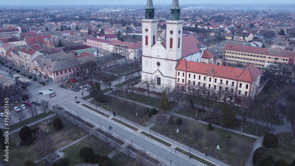 Drone flight above Sombor town, square and architecture, Vojvodina region of Serbia, Europe. 4k