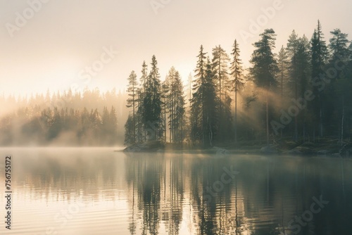 Sun shining through fog over water, perfect for nature backgrounds #756755172