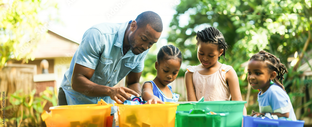 A family sorts recyclables into designated bins, showcasing eco-friendly habits at home while teaching children about sustainability and environmental responsibility. - obrazy, fototapety, plakaty 