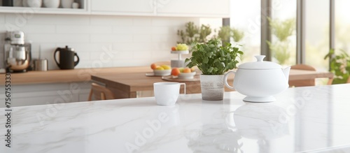 A kitchen with a white countertop and a potted plant on a wooden table, surrounded by hardwood flooring. The houseplant adds a touch of green to the room