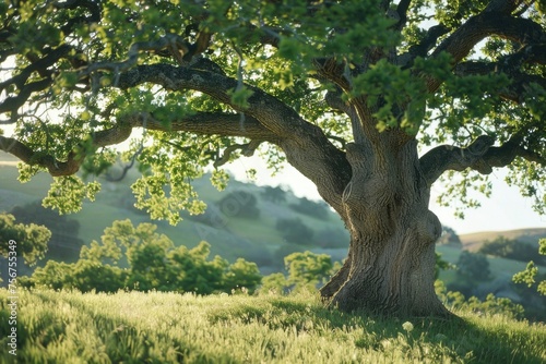 A large oak tree standing in a grassy field. Perfect for nature and landscape concepts