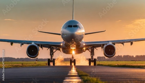 Sunset Soar: Giant Jetliner Taking Off with Landing Gear Engaged