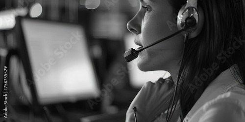 A woman wearing a headset while working on a computer. Perfect for illustrating remote work or customer service concepts